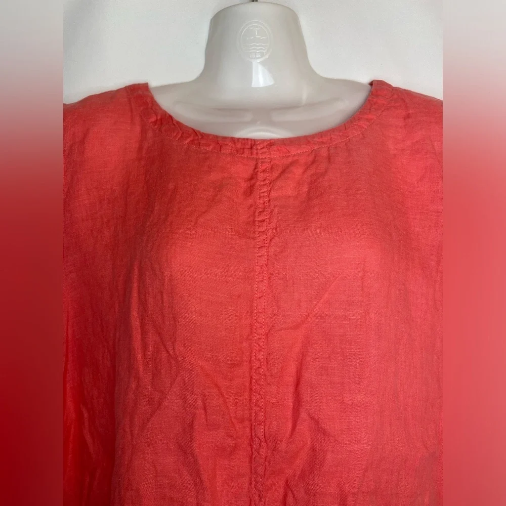C&C California 100% Linen Blouse Red Orange Coconut Shell Buttons Large Boxy - Picture 4 of 6